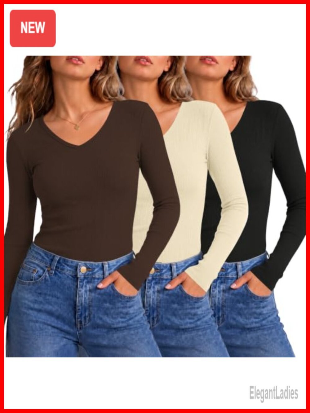 LOMON Women's Cotton Ribbed Long Sleeve V Neck Tops